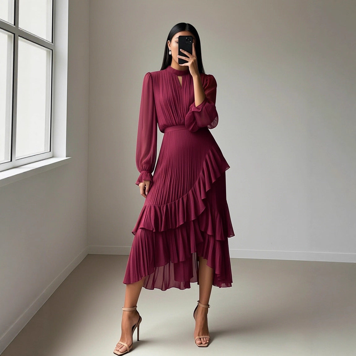 Ruffled Pleated Midi Dress For Women