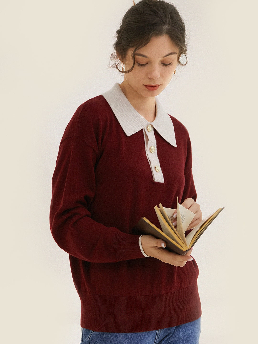 Selena Polo Contrast Collar 100% Wool Wine Red Knit Sweater