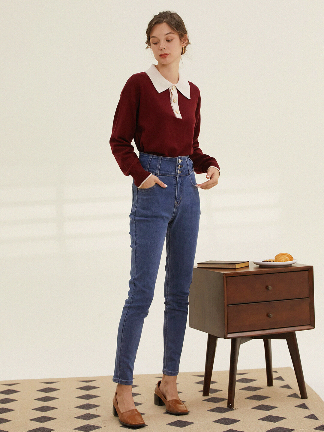 Selena Polo Contrast Collar 100% Wool Wine Red Knit Sweater