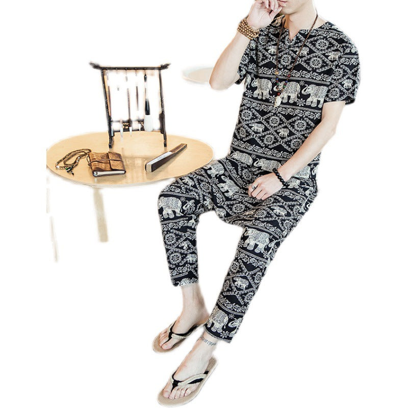 INCERUN Men Sets Vintage Ethnic Printed Retro Short Sleeve T Shirt Casual Pants Loose Streetwear Men Clothes 2 Pieces Plus Size