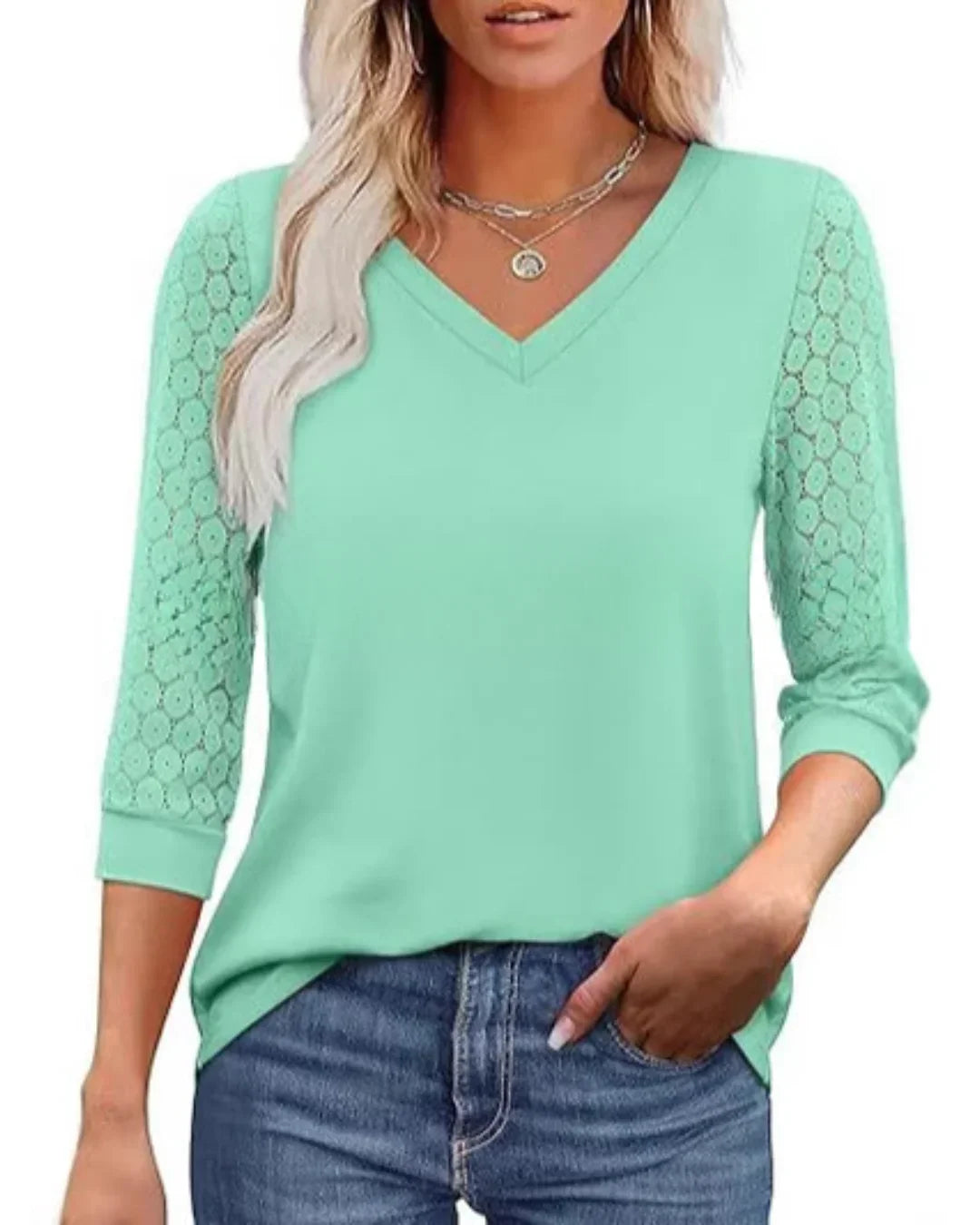 Isabelle's™ | Lace-Sleeve V-Neck Blouse