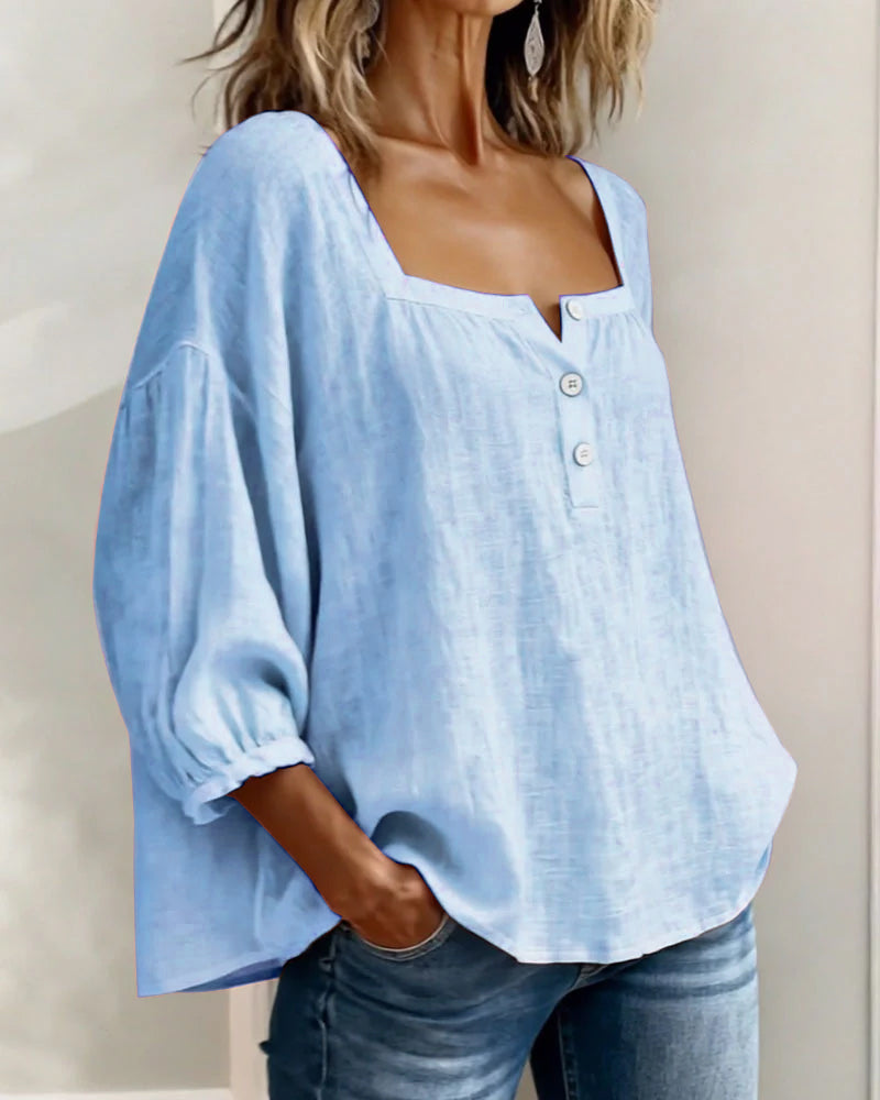 Isabelle's™ | Solid Button-Neck Relaxed Blouse