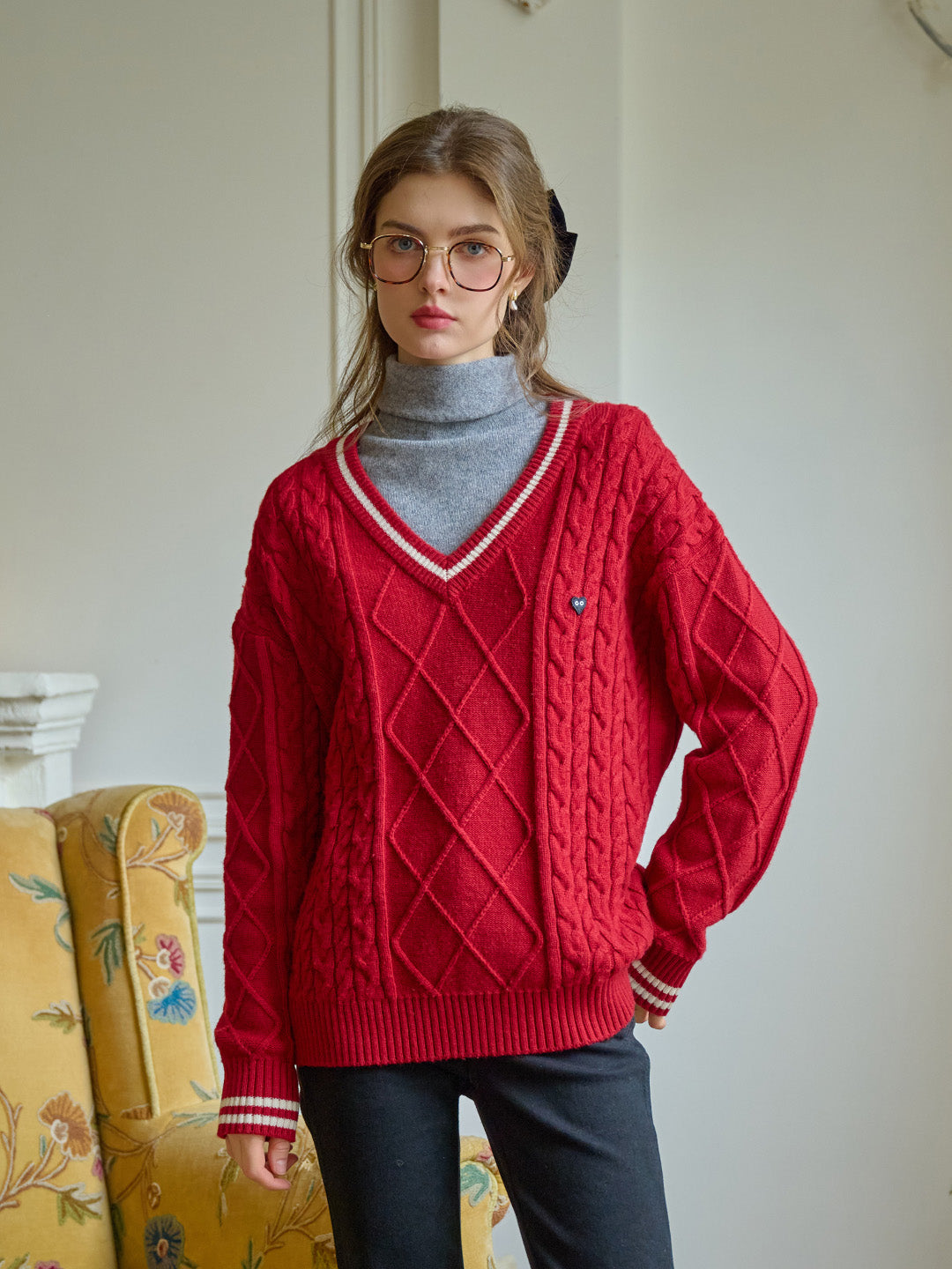 【Final Sale】Reese V-Neck Constraing Ribbed Wool Sweater - Red