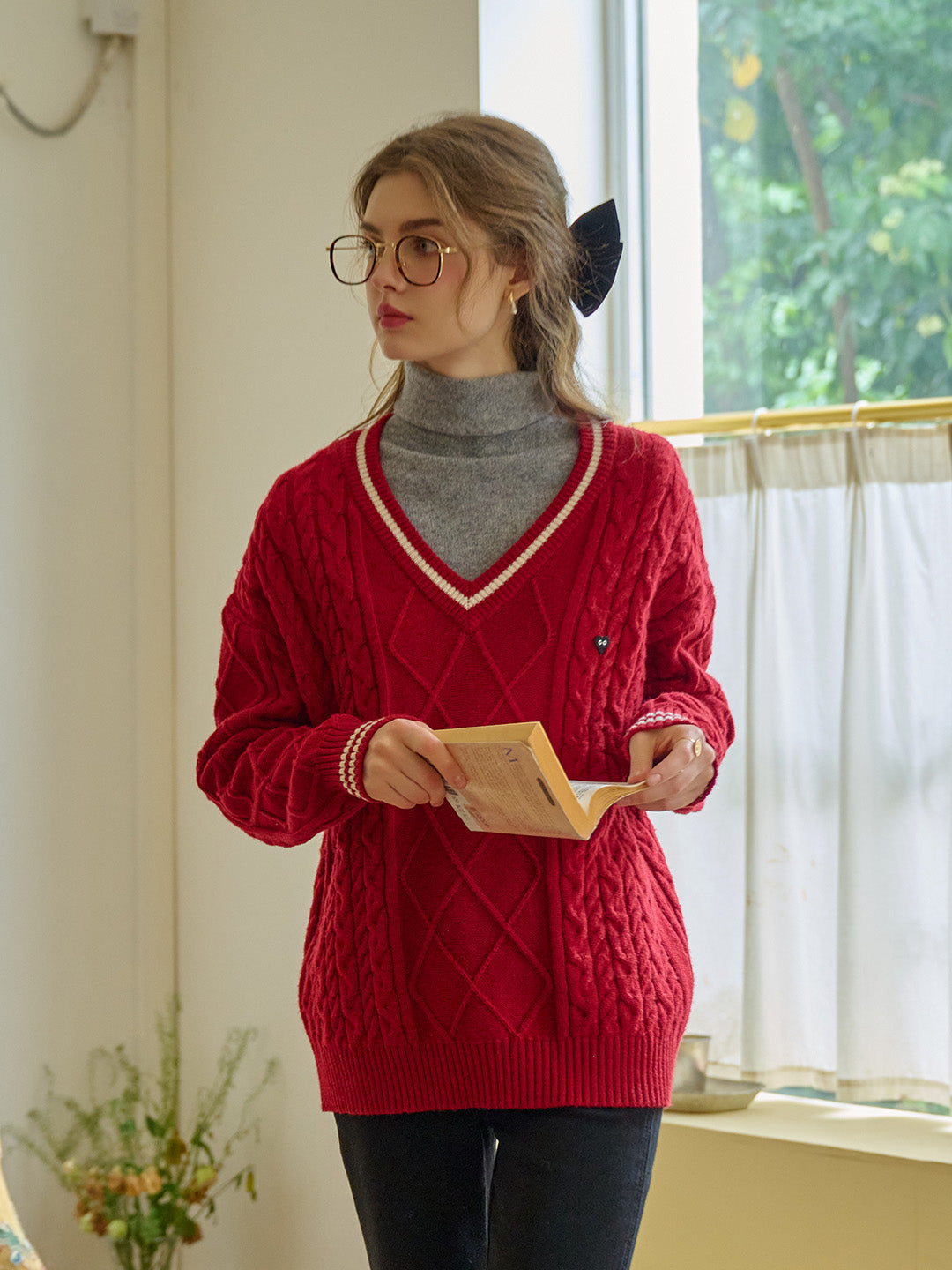 【Final Sale】Reese V-Neck Constraing Ribbed Wool Sweater - Red