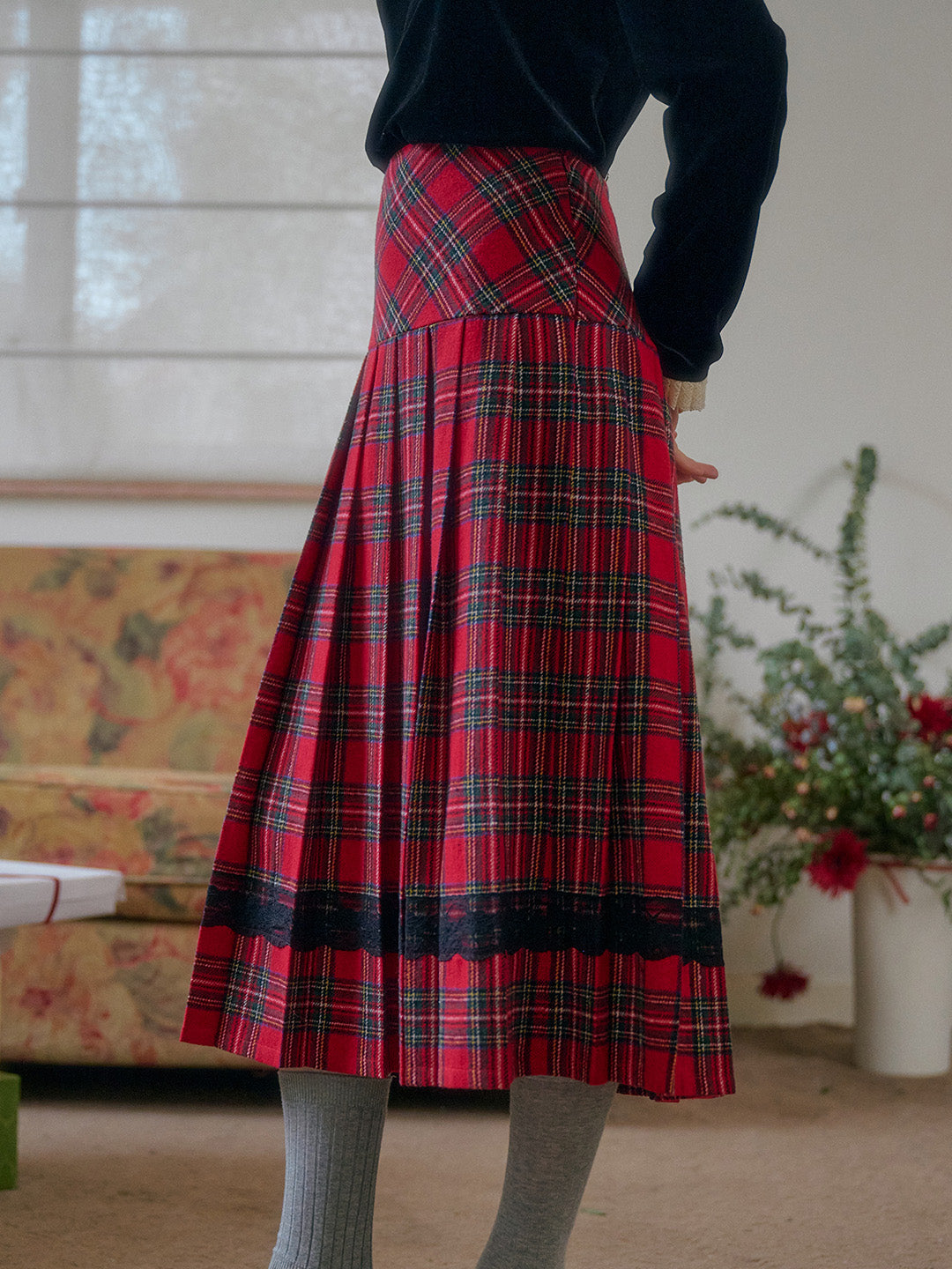 【Final Sale】Drew A-Line Contrastng Pleated Plaid Skirt