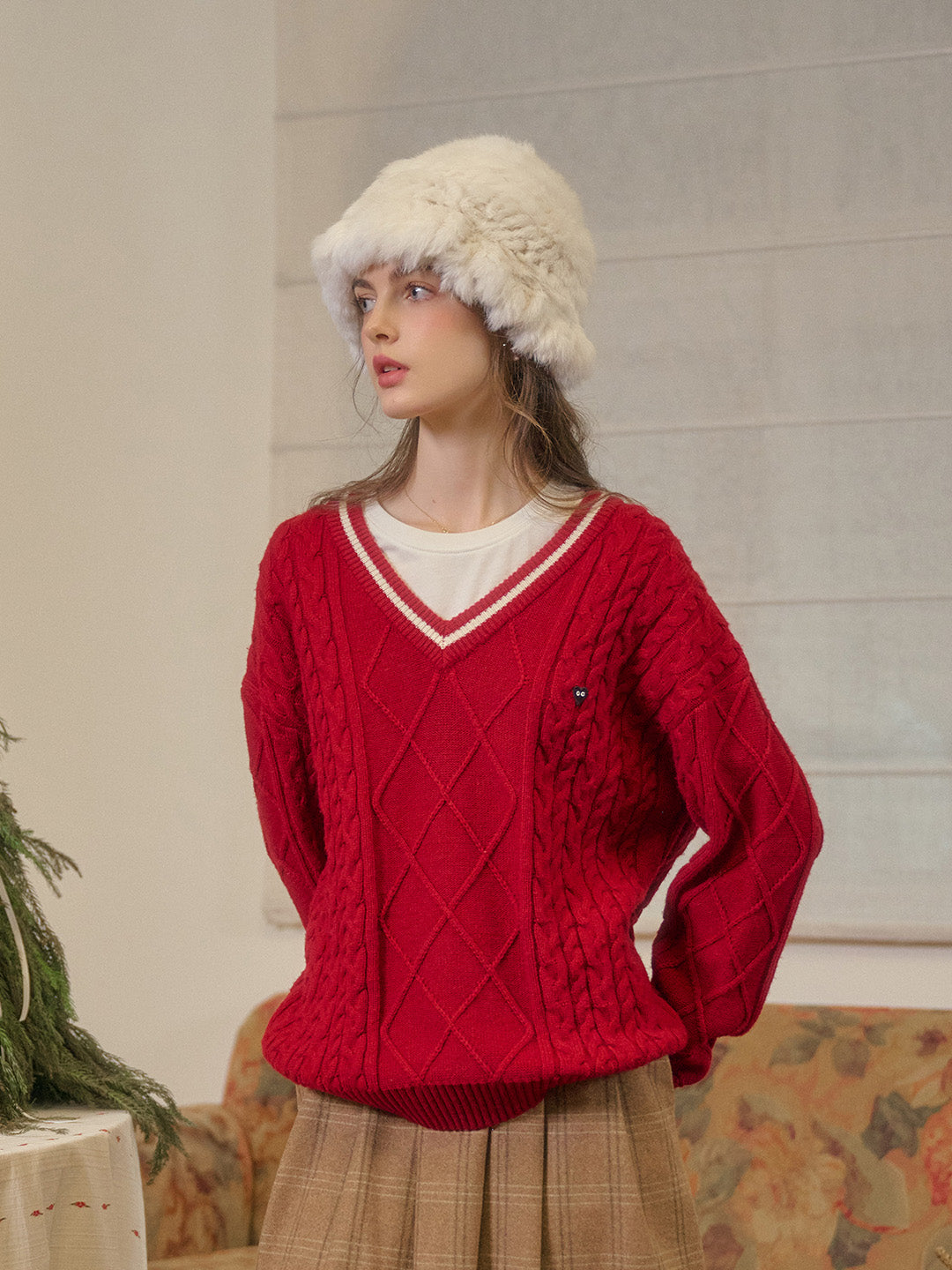 【Final Sale】Reese V-Neck Constraing Ribbed Wool Sweater - Red