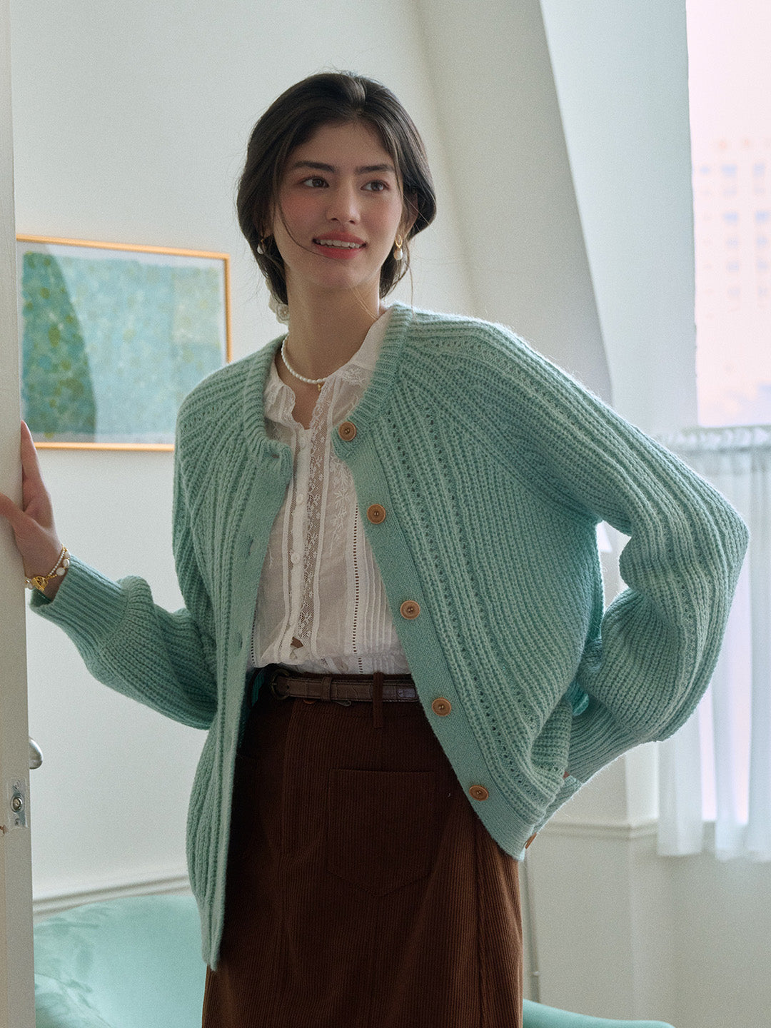 Destiny Round Neck Ribbed Wool Cardigan