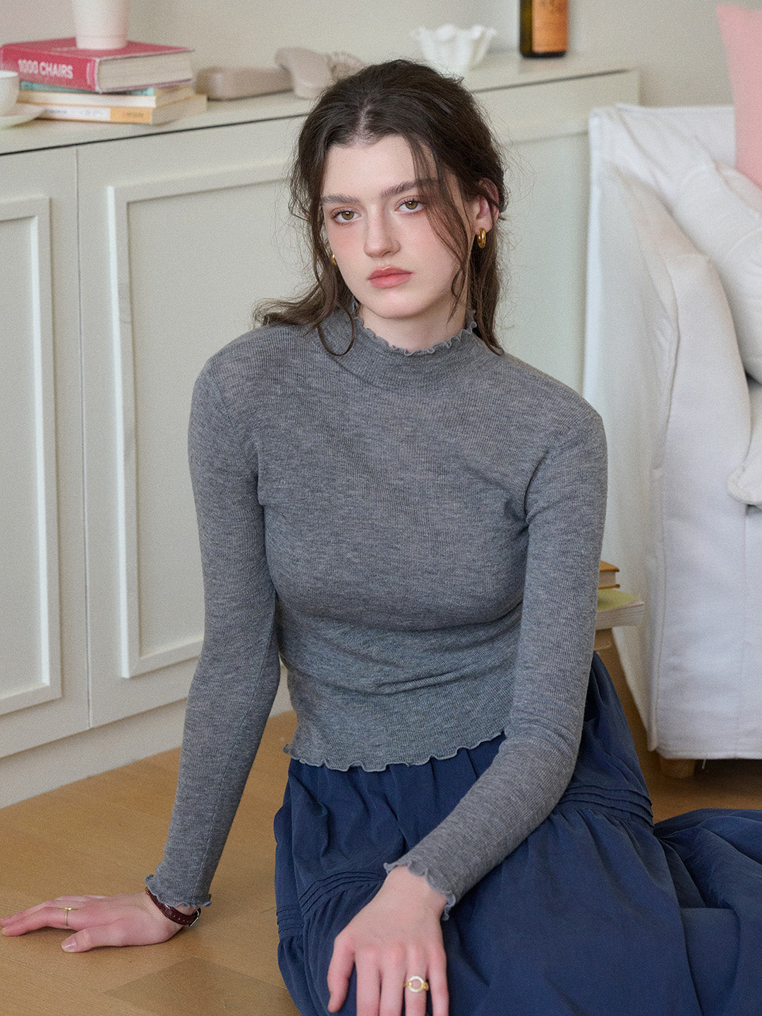 Amanda Ruffle Collar 100% Wool Sweater