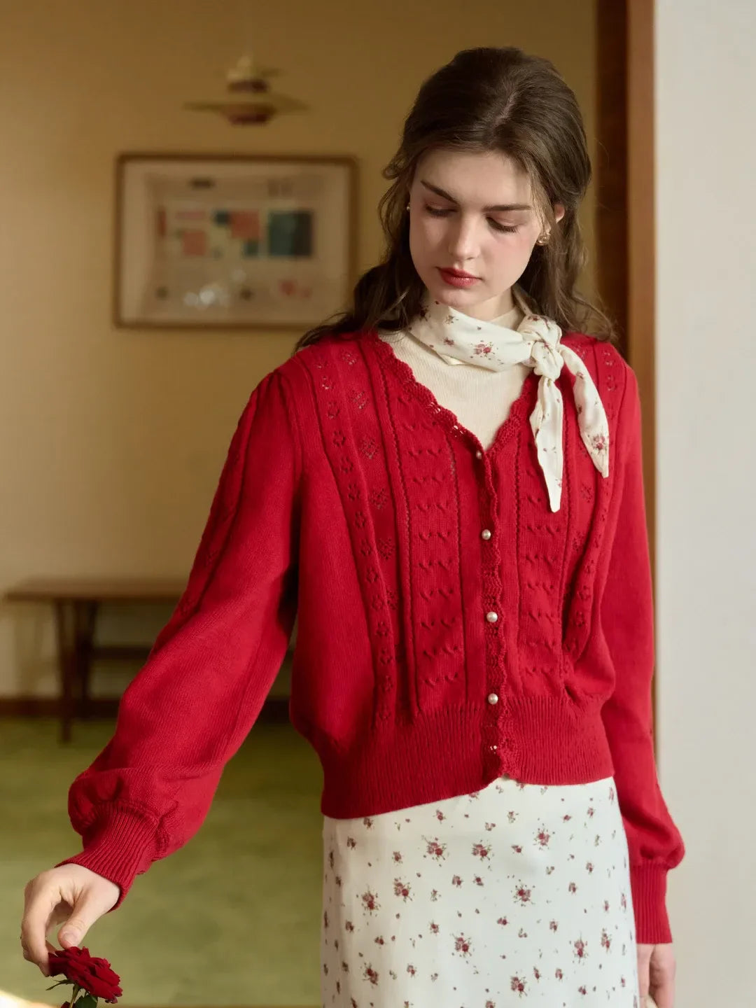 Amira Wave V-neck Cotton Knitted Cardigan