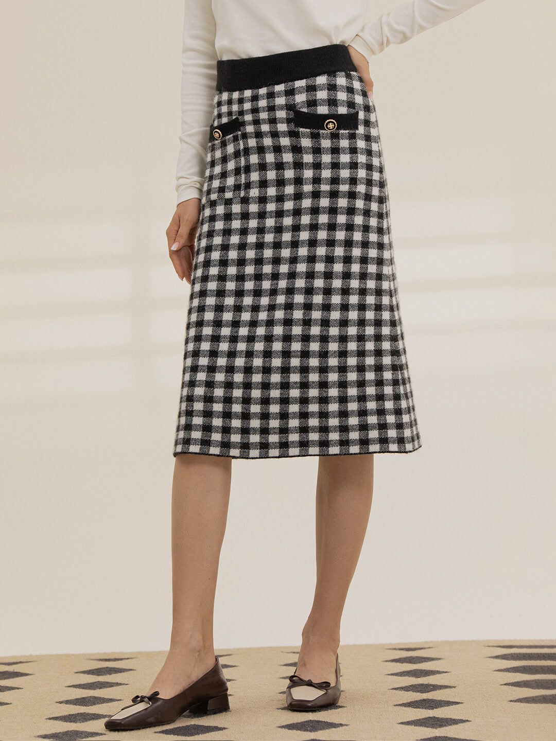 Ansley Checkerboard Black Midi Knitted Skirt