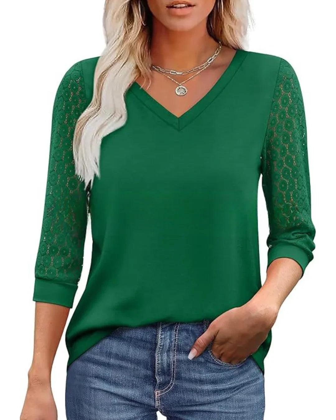 Isabelle's™ | Lace-Sleeve V-Neck Blouse