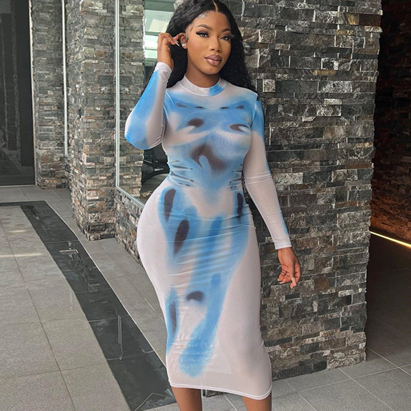 New Street Print Round Neck High Waist Pullover Long Sleeve Slim Wrap Buttock Long Dress For Women