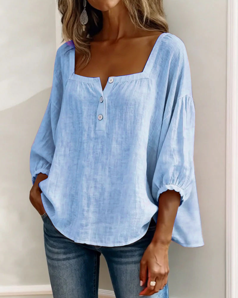 Isabelle's™ | Solid Button-Neck Relaxed Blouse
