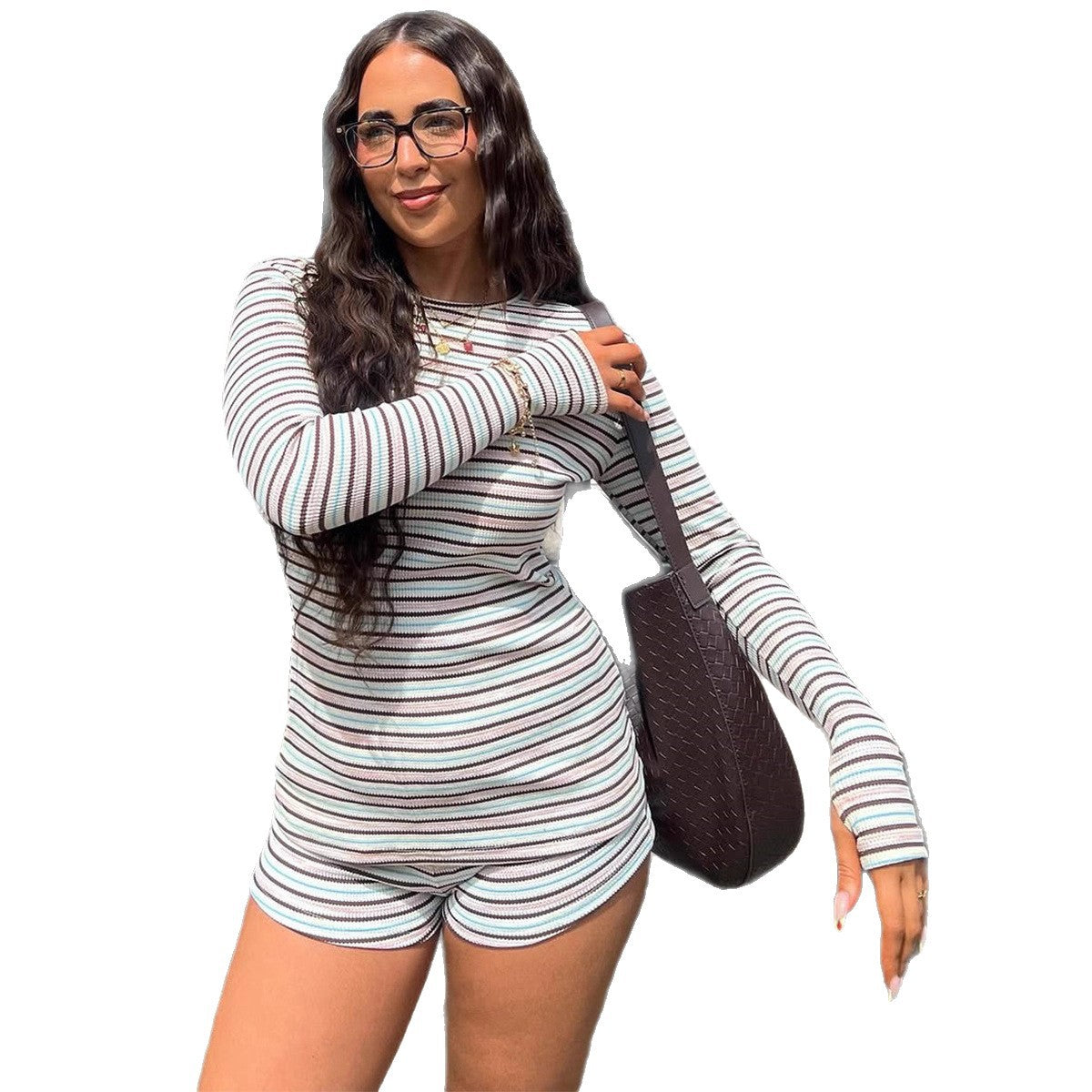 Multicolor Striped Dress Set for WomenCasual Slim-fit Outfit