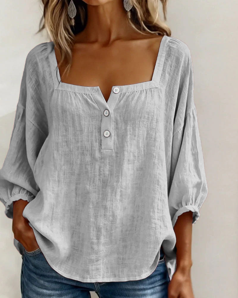 Isabelle's™ | Solid Button-Neck Relaxed Blouse