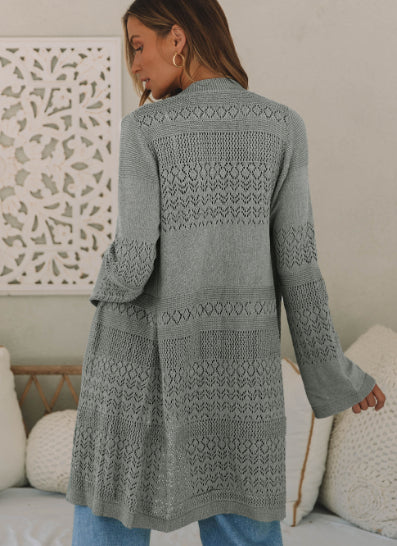 Gray Pointelle Knit Open Front Cardigan