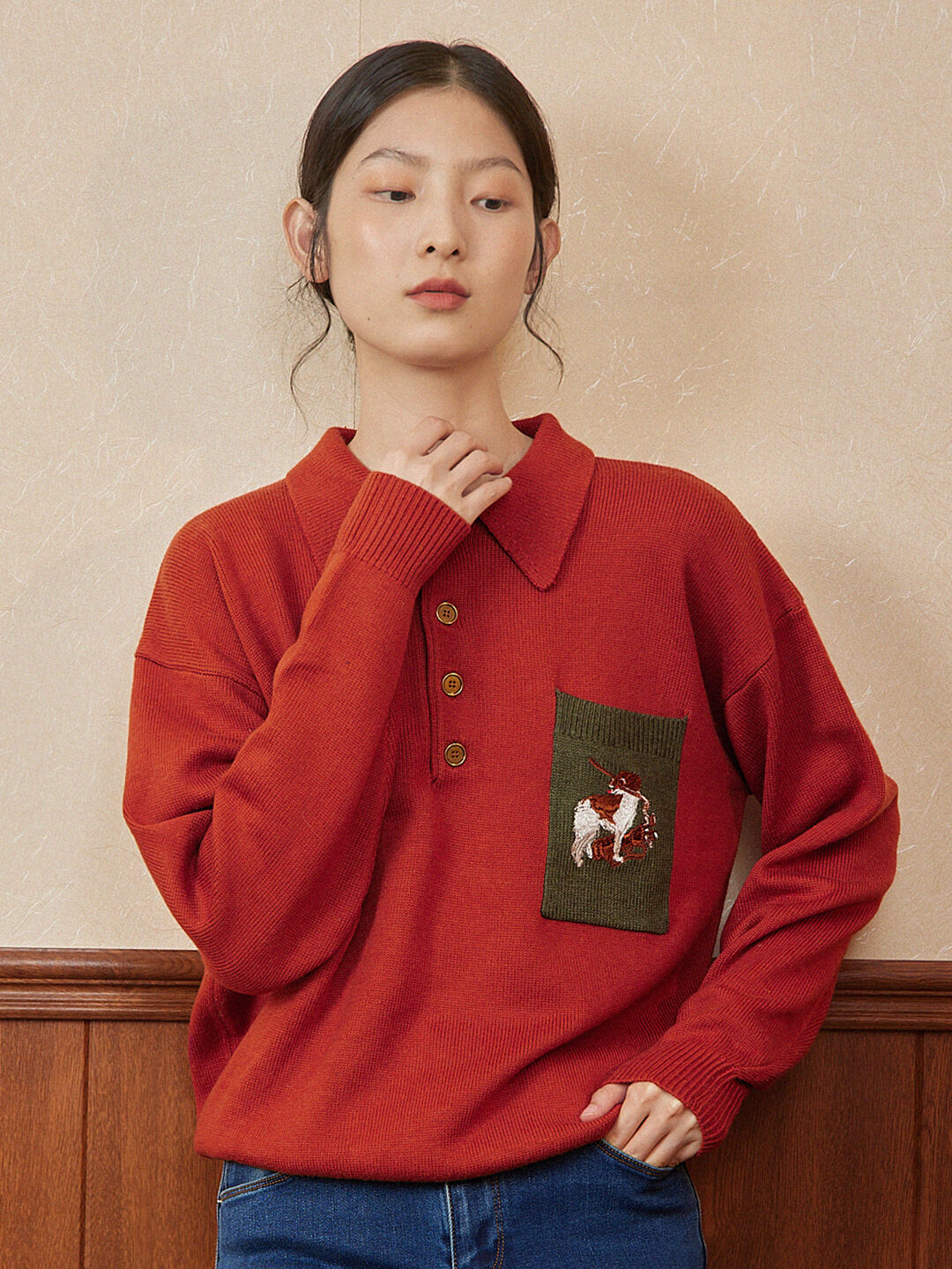 Raquel Polo Embroidery Christmas Red Knit Sweater