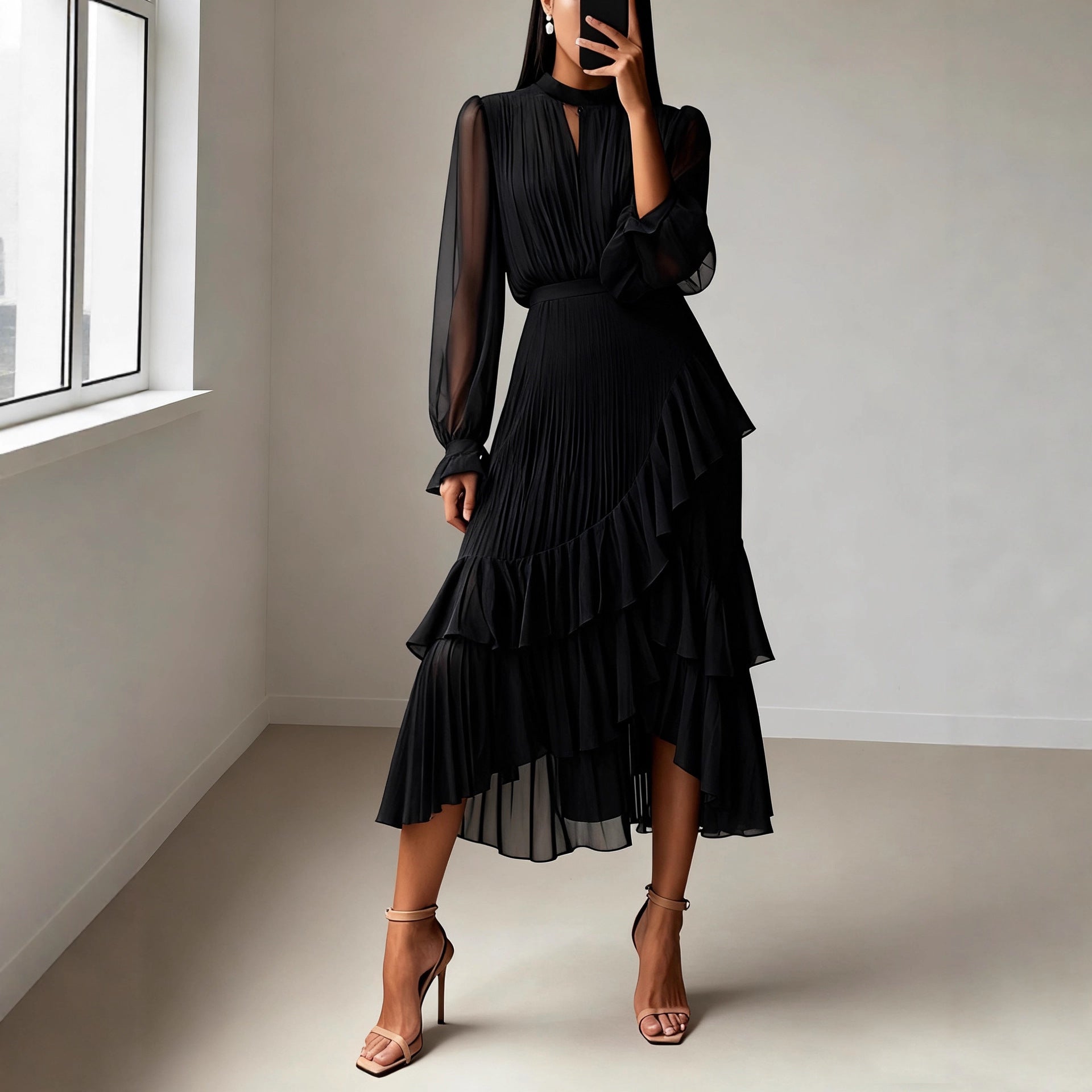 Ruffled Pleated Midi Dress For Women
