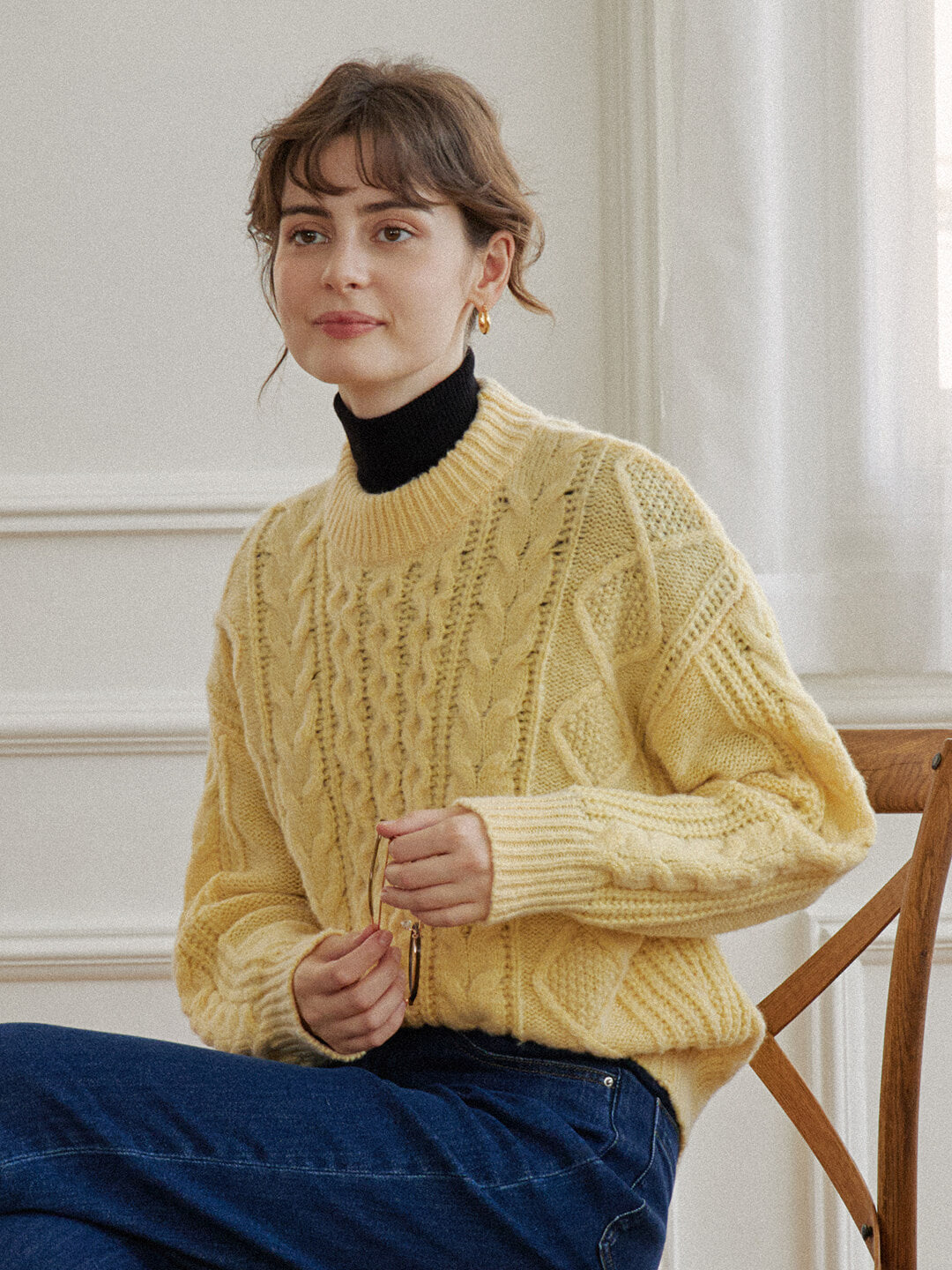 【Final Sale】Raina Cable Yellow Irish Knit Wool Sweater