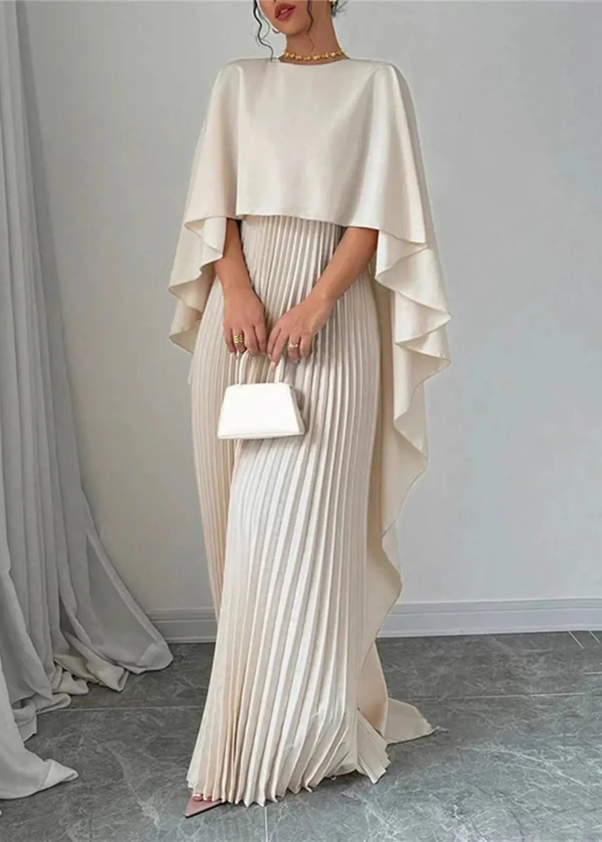 Isabelle's™ | Pleated Cape Overlay Maxi Dress