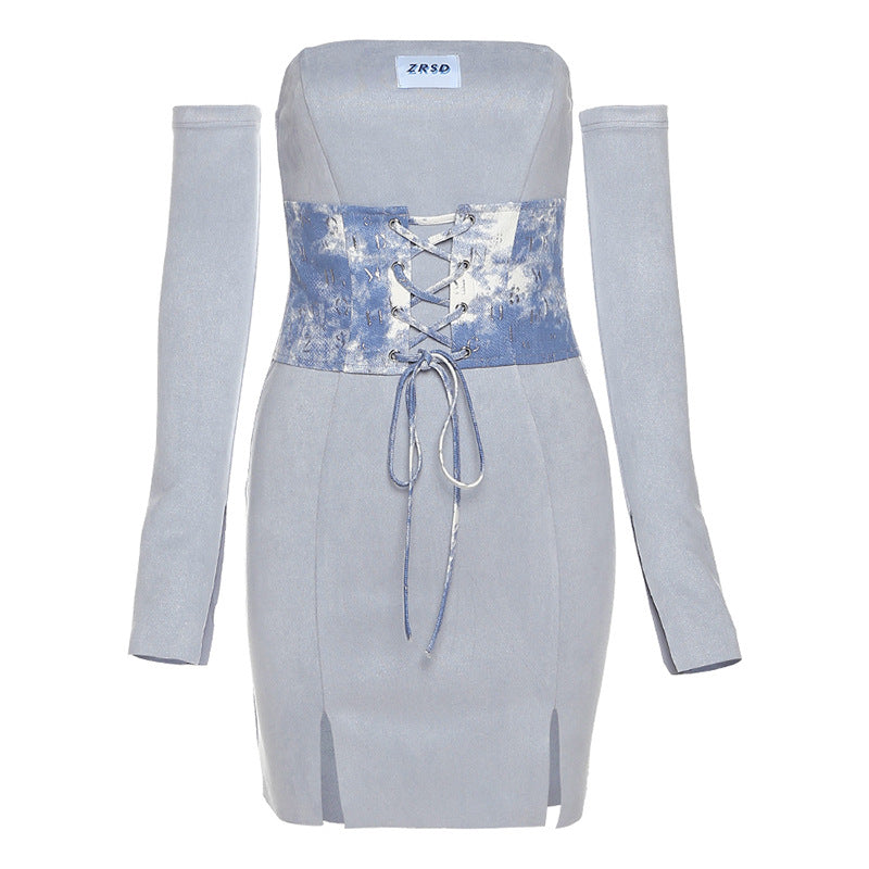 Women's Solid Color Slim Wrap Chest Slit Bag Hip Dress Women