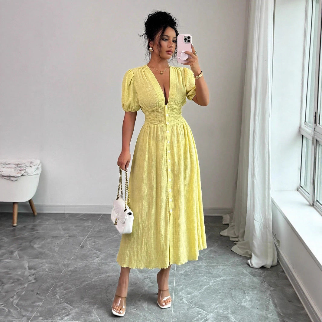 Elegant Women's V-Neck Puff-Sleeve Midi Dress For Women