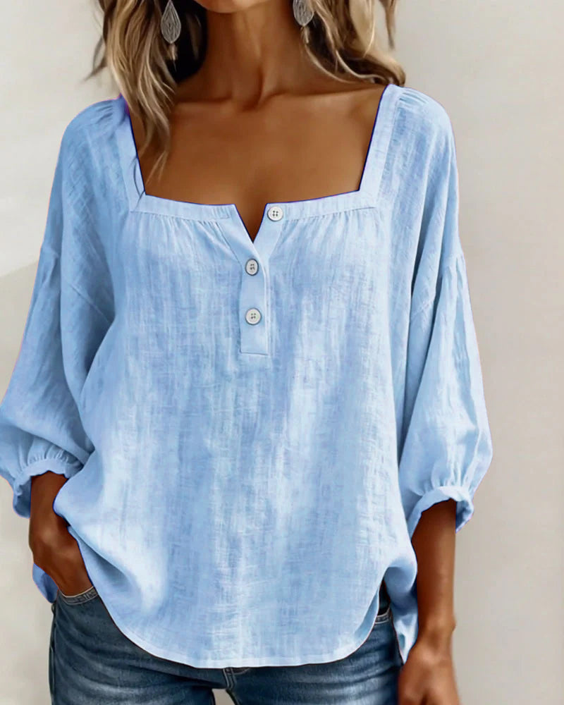 Isabelle's™ | Solid Button-Neck Relaxed Blouse