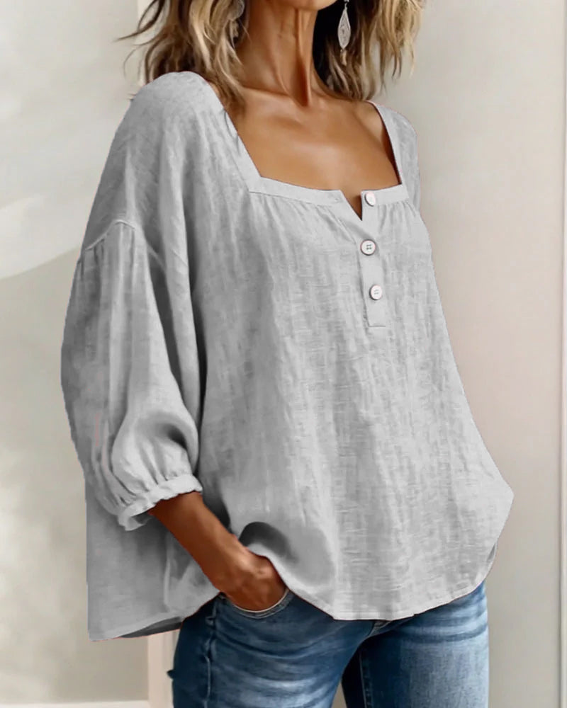 Isabelle's™ | Solid Button-Neck Relaxed Blouse