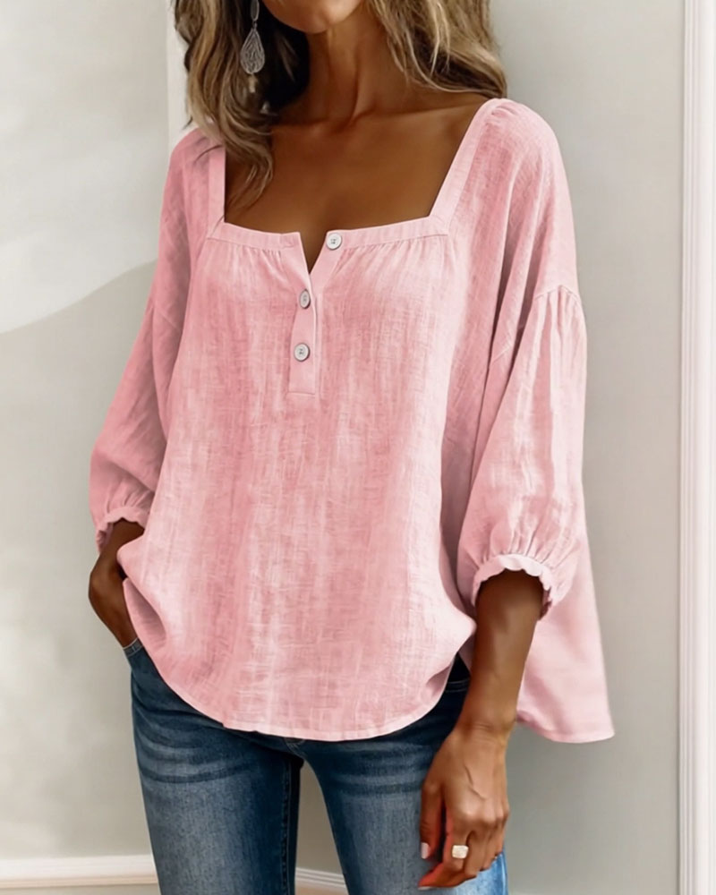 Isabelle's™ | Solid Button-Neck Relaxed Blouse