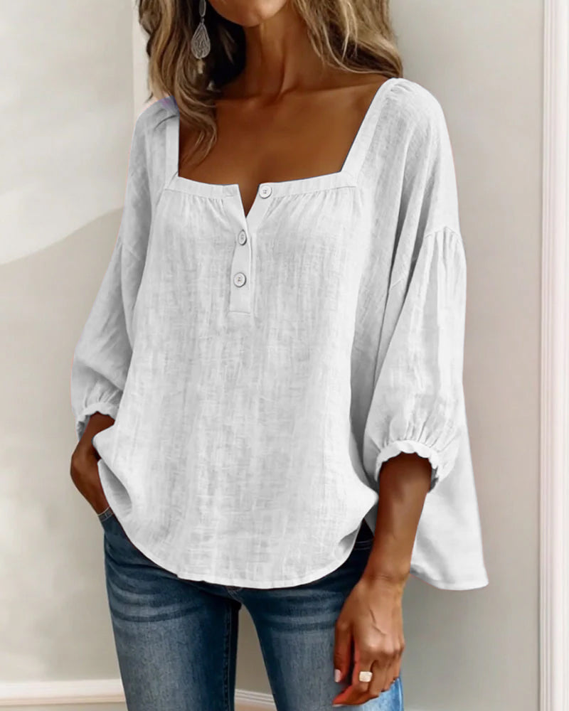 Isabelle's™ | Solid Button-Neck Relaxed Blouse