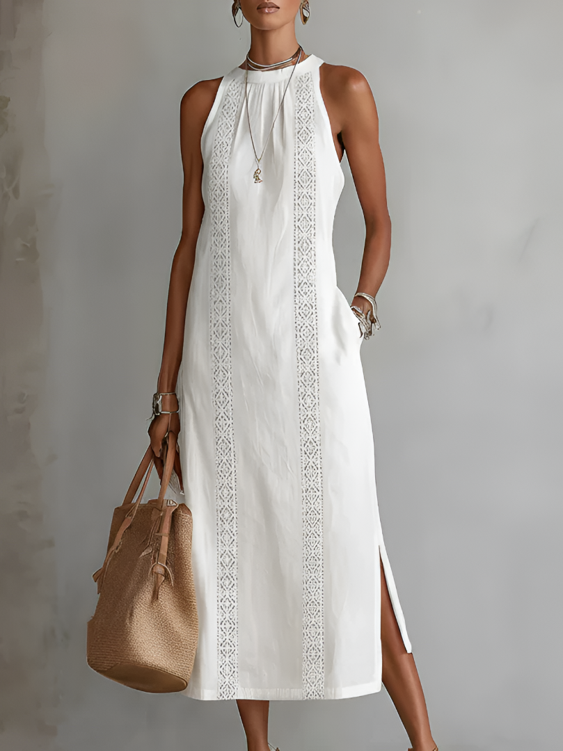 Isabelle's™ | Relaxed Embroidered Mandarin Collar Midi Dress