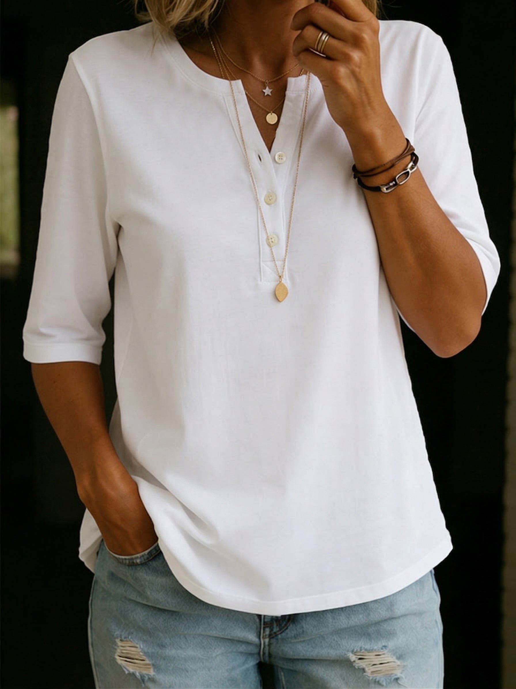 Isabelle's™ | Solid Button-Neck Henley Top