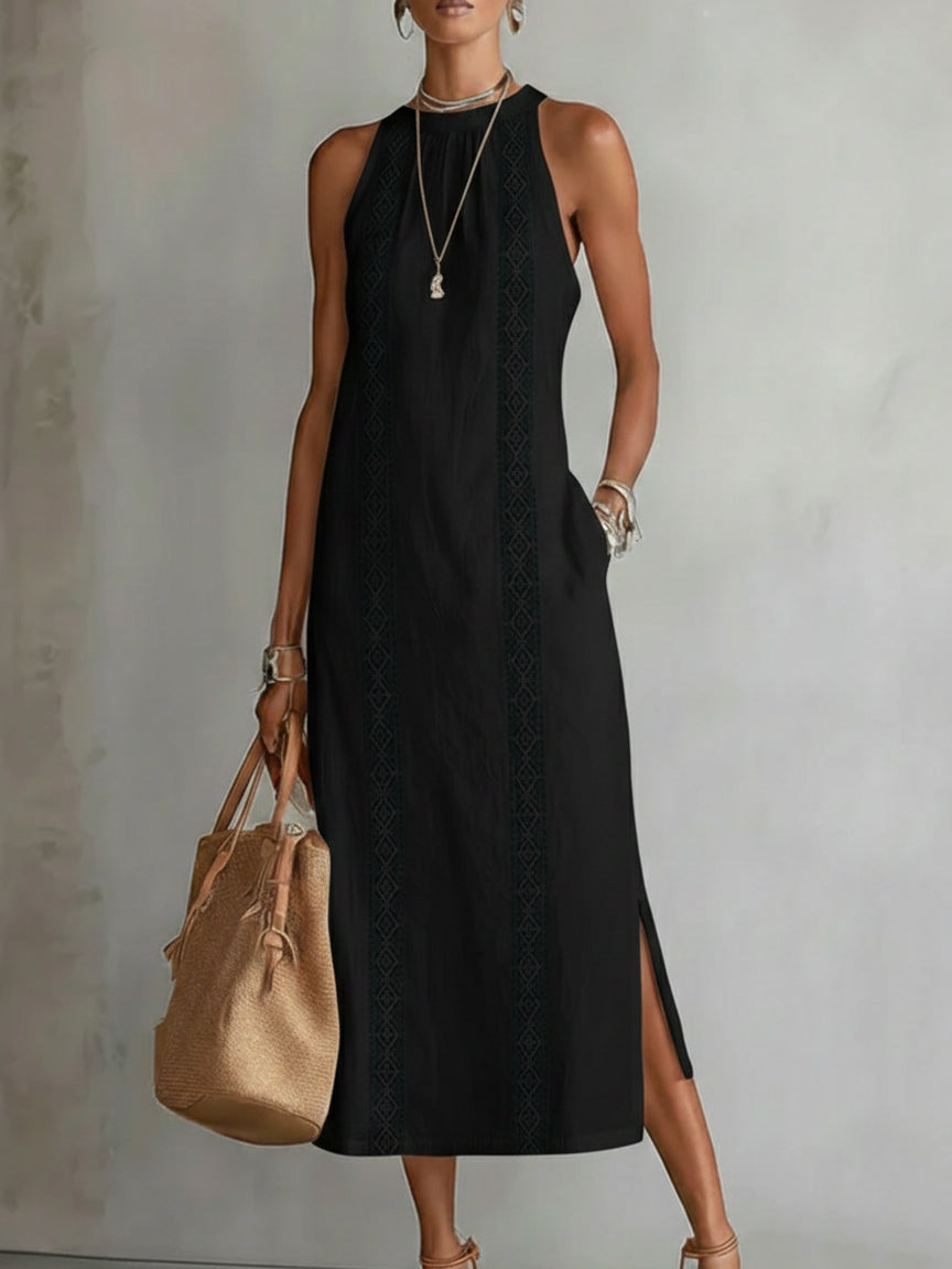 Isabelle's™ | Relaxed Embroidered Mandarin Collar Midi Dress