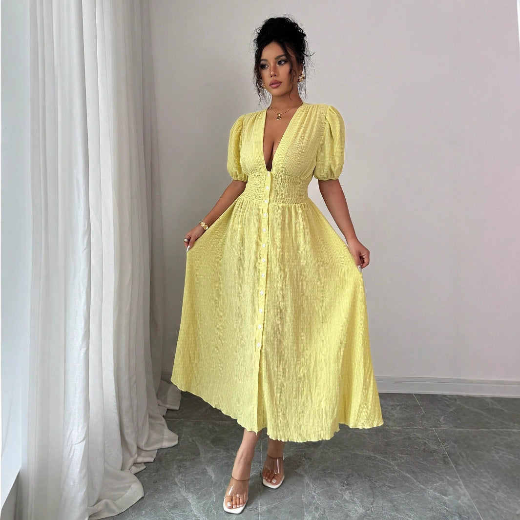 Elegant Women's V-Neck Puff-Sleeve Midi Dress For Women