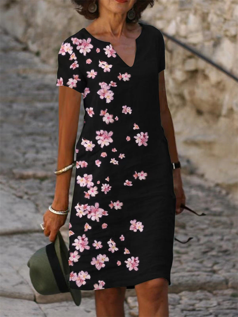 Floral Printed Cotton And Linen Short Sleeve V-neck Midi Dress