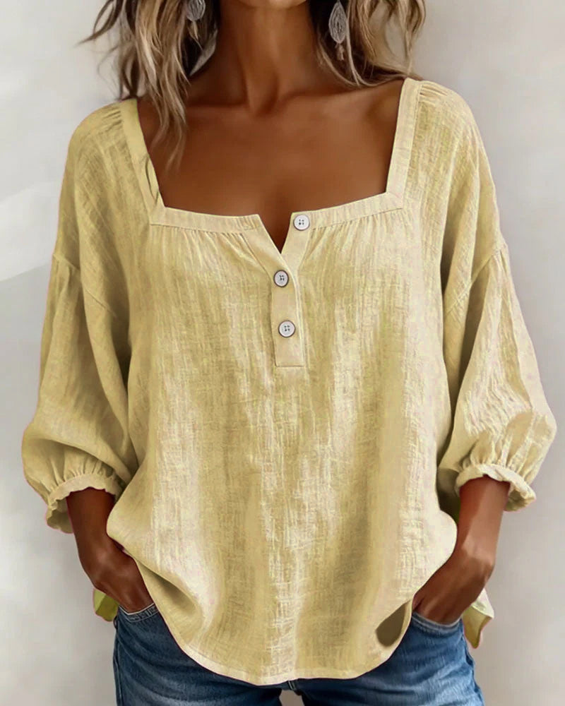 Isabelle's™ | Solid Button-Neck Relaxed Blouse