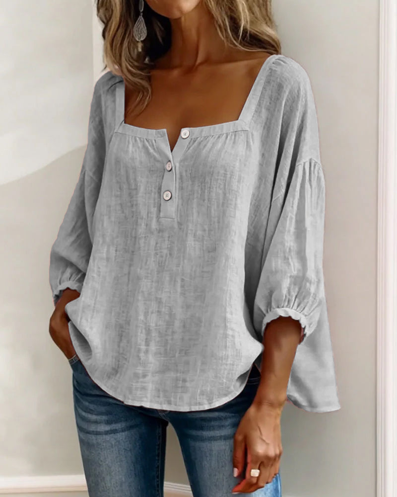 Isabelle's™ | Solid Button-Neck Relaxed Blouse