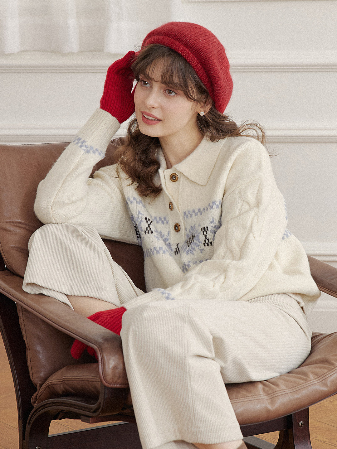 Norah Snowflake Jacquard Polo Fair Isle Knit Sweater