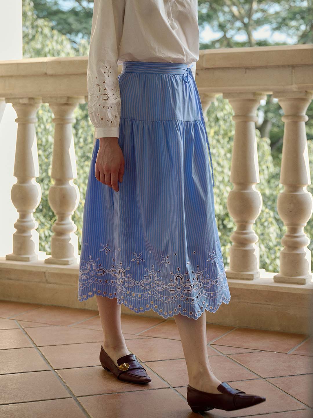 Aubree Striped Cutout Embroidered A-line Skirt