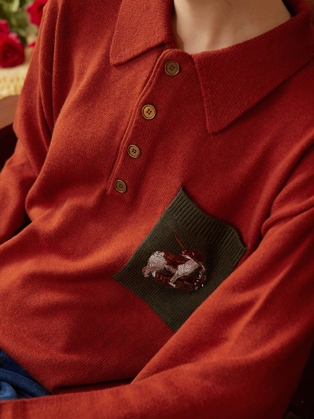 Raquel Polo Embroidery Christmas Red Knit Sweater