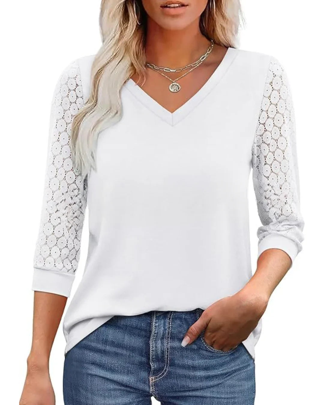 Isabelle's™ | Lace-Sleeve V-Neck Blouse