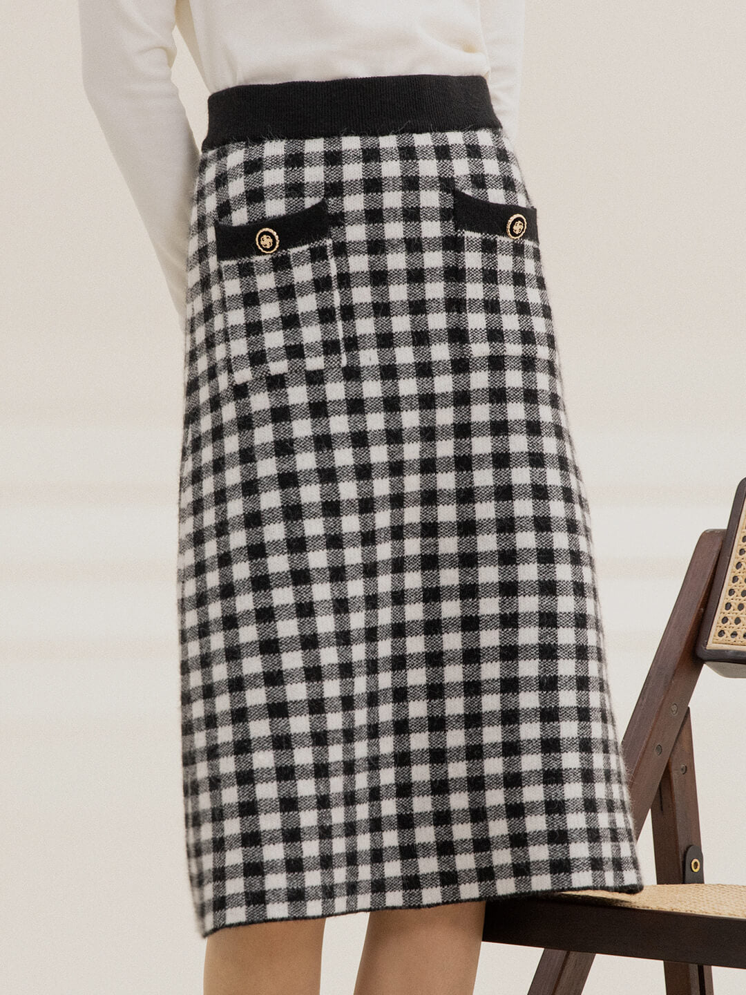 Ansley Checkerboard Black Midi Knitted Skirt