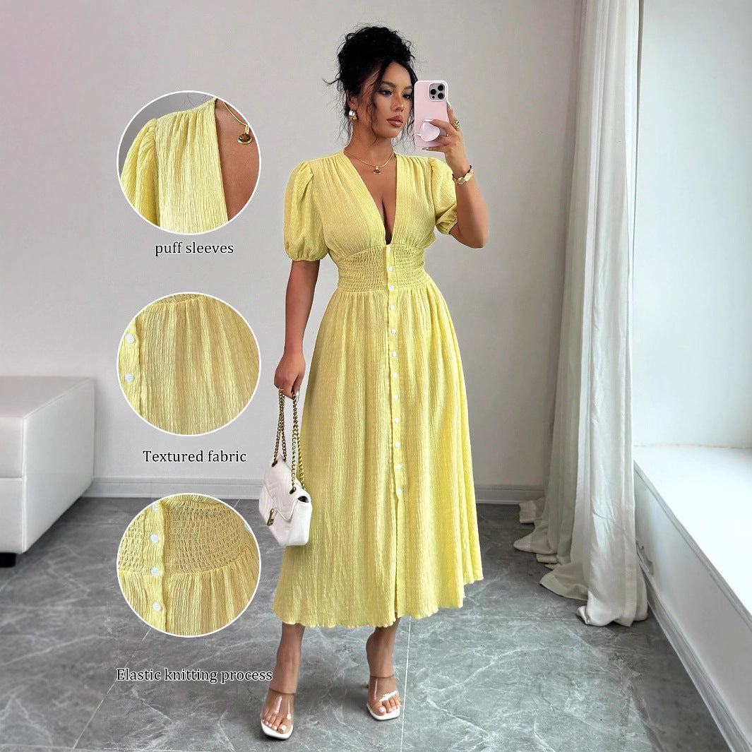 Elegant Women's V-Neck Puff-Sleeve Midi Dress For Women