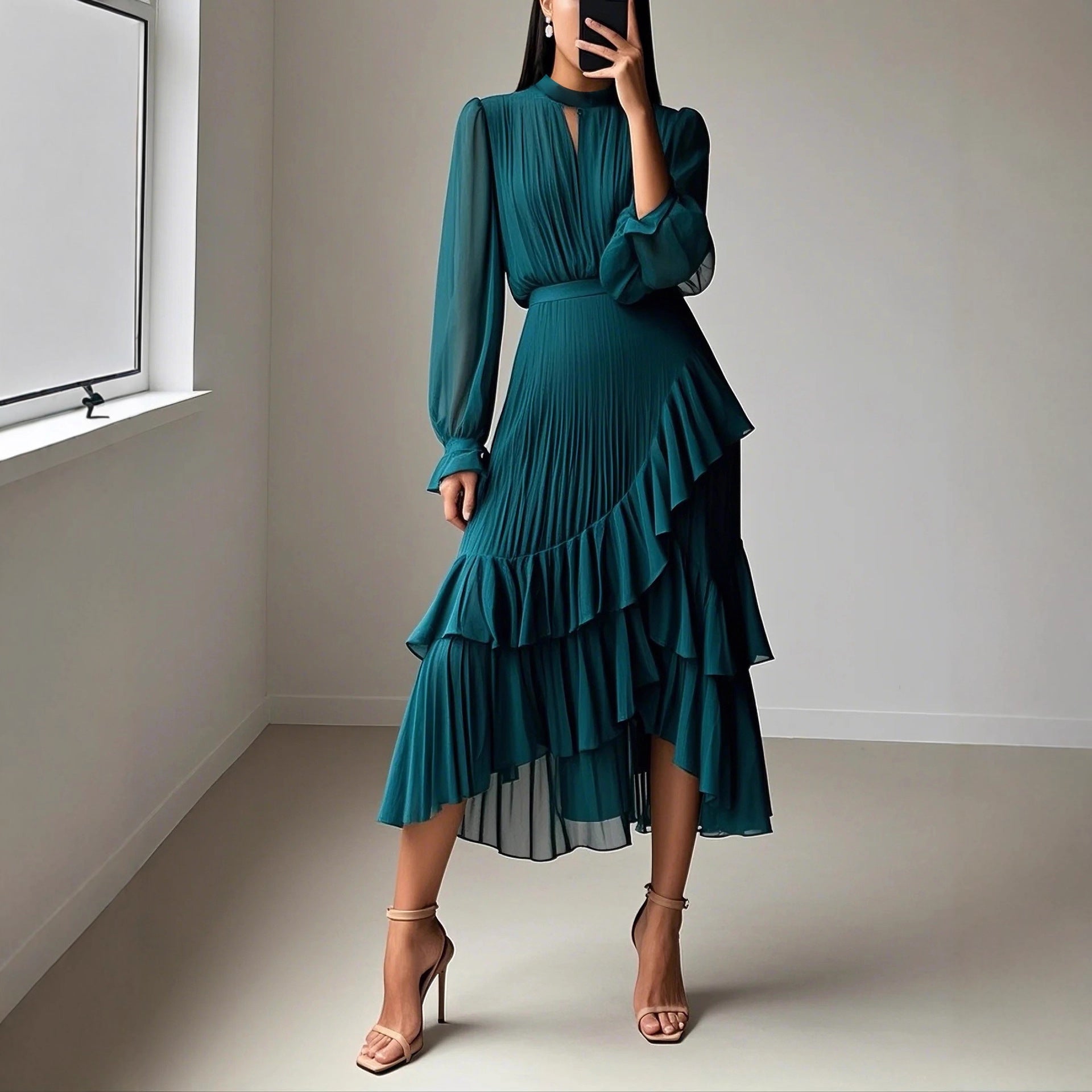Ruffled Pleated Midi Dress For Women