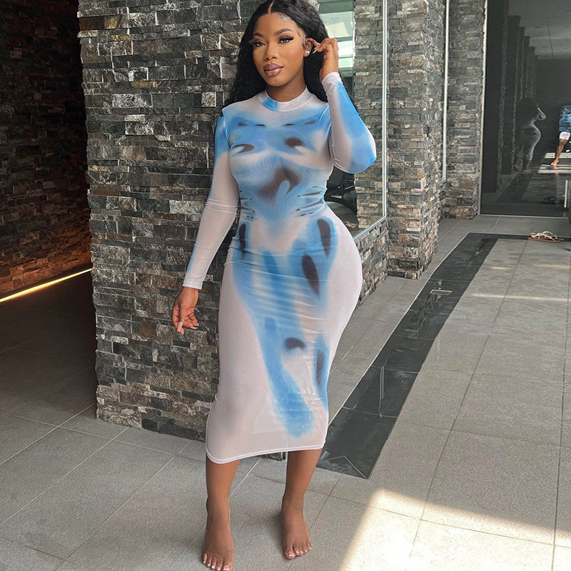 New Street Print Round Neck High Waist Pullover Long Sleeve Slim Wrap Buttock Long Dress For Women