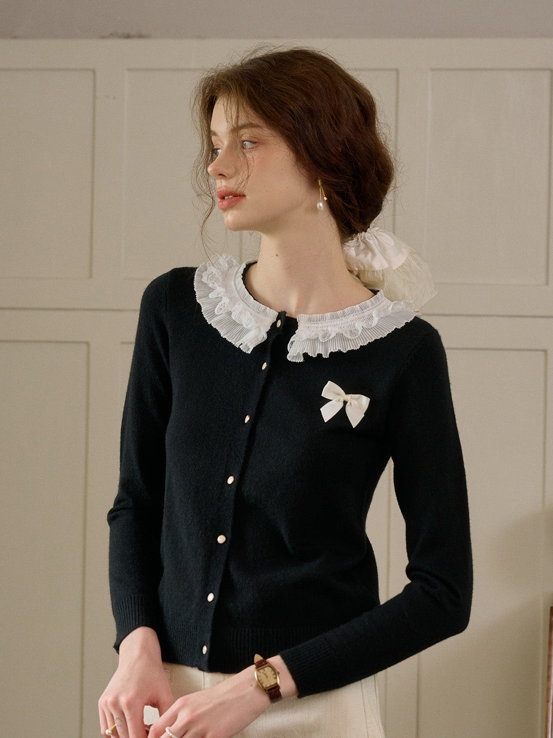【Final Sale】Ruby Lace Lapel Contrasting Bow Cardigan - Purple