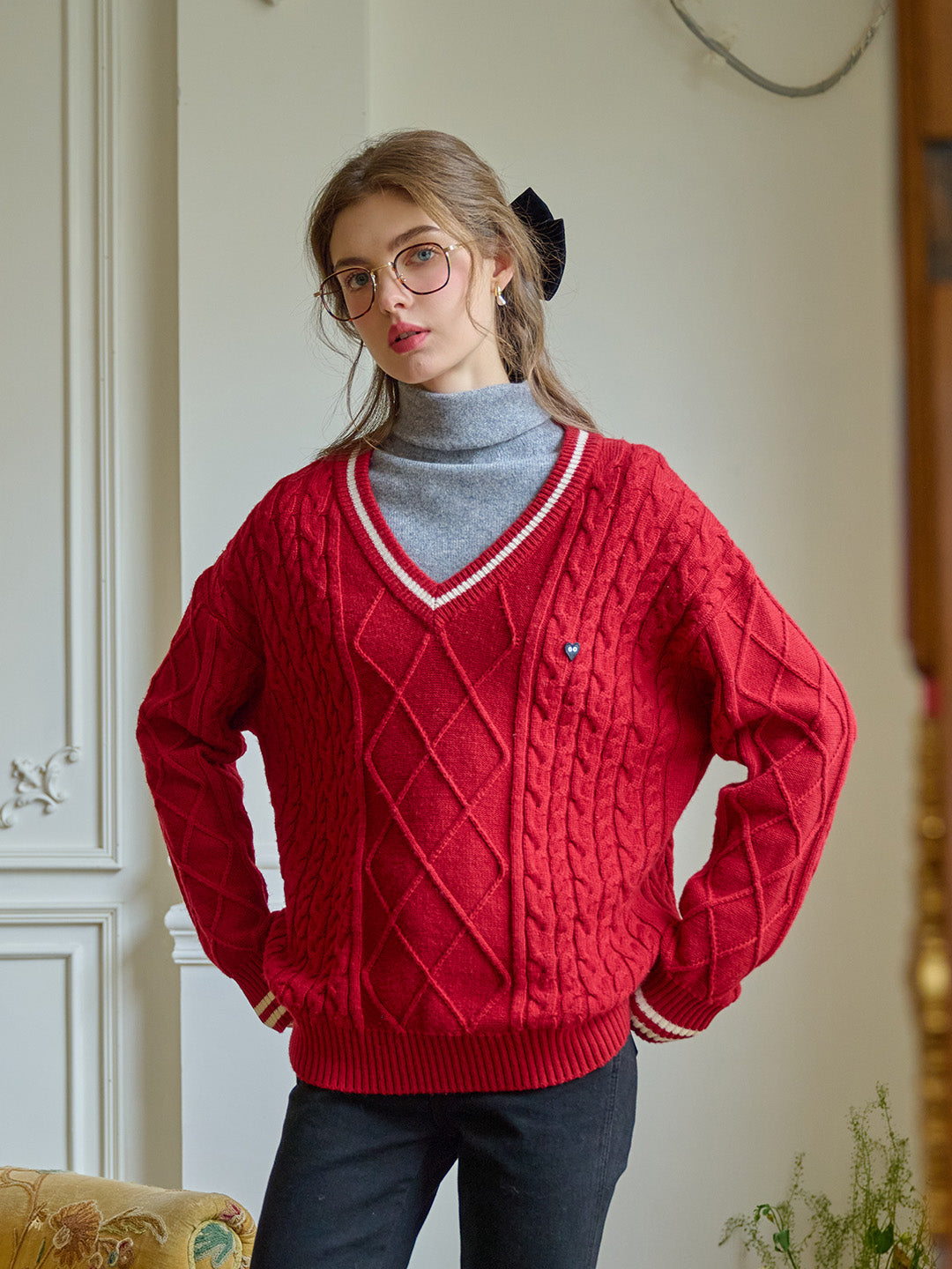 【Final Sale】Reese V-Neck Constraing Ribbed Wool Sweater - Red