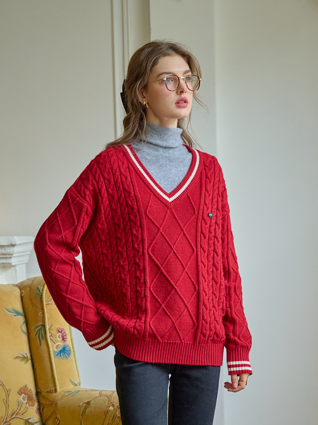 【Final Sale】Reese V-Neck Constraing Ribbed Wool Sweater - Red