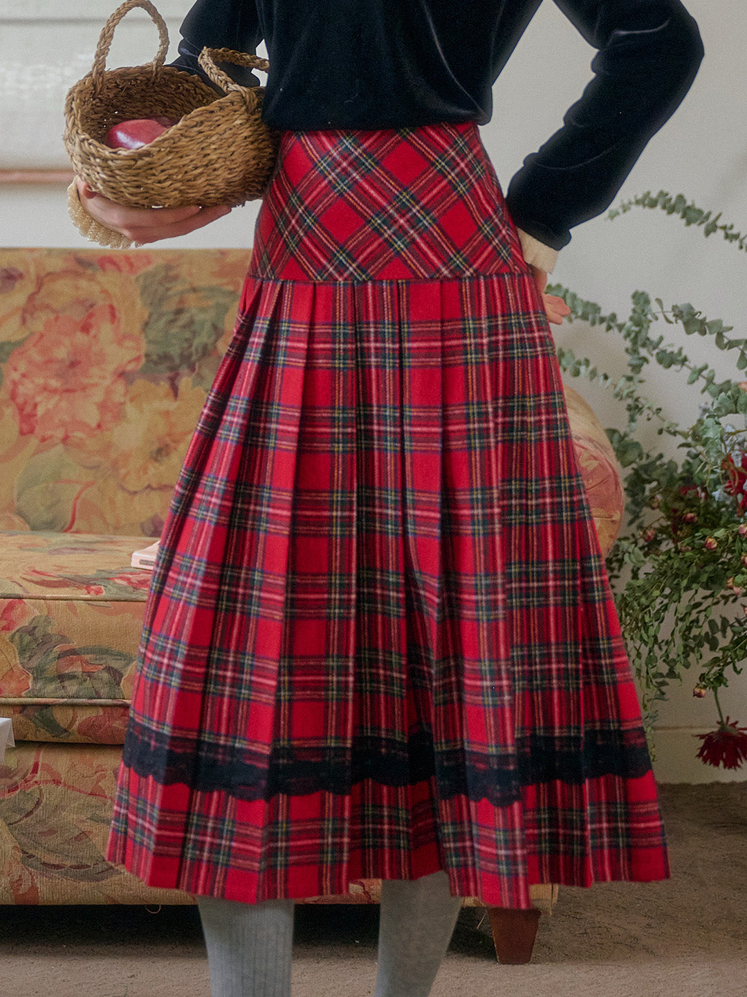 【Final Sale】Drew A-Line Contrastng Pleated Plaid Skirt