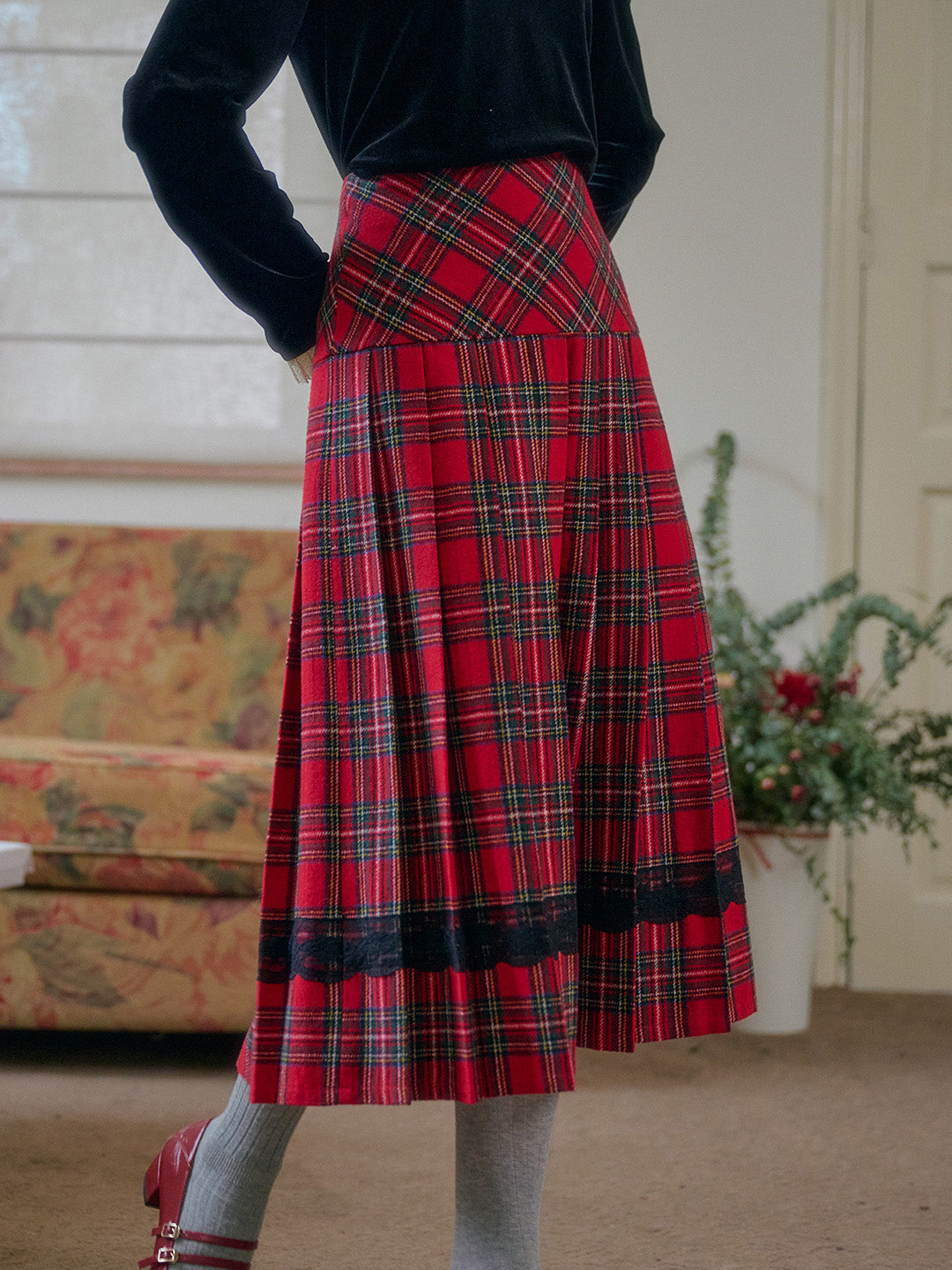 【Final Sale】Drew A-Line Contrastng Pleated Plaid Skirt